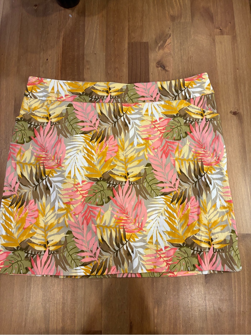 Coral Bay Tropical Leaf Mini Skirt in Pink, Yellow & Green